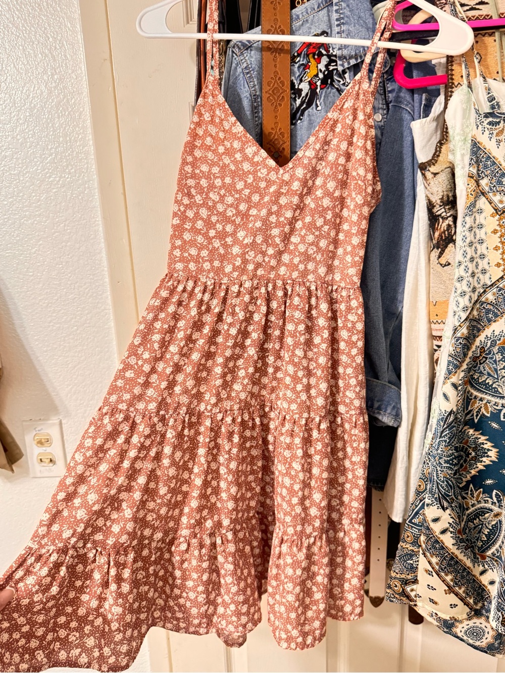 Floral Tiered Spaghetti Strap Dress in Dusty Rose